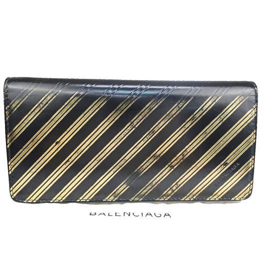 BALENCIAGA Logo Long Bifold Wallet Stripe Leather Black Gold Italy 01YB843