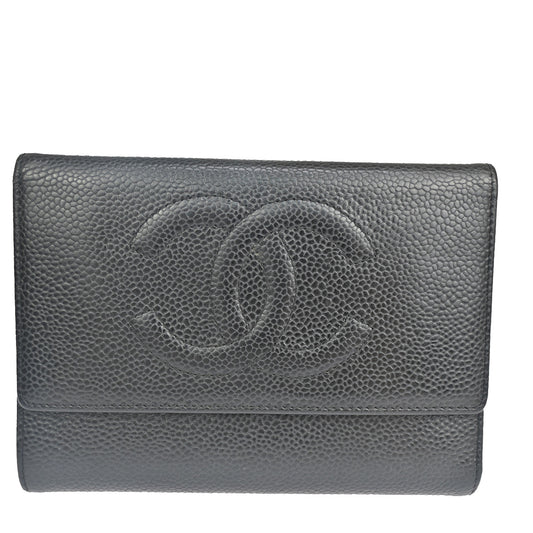 CHANEL CC Logo Trifold Wallet Purse Caviar Skin Leather Black GHW 78RH543