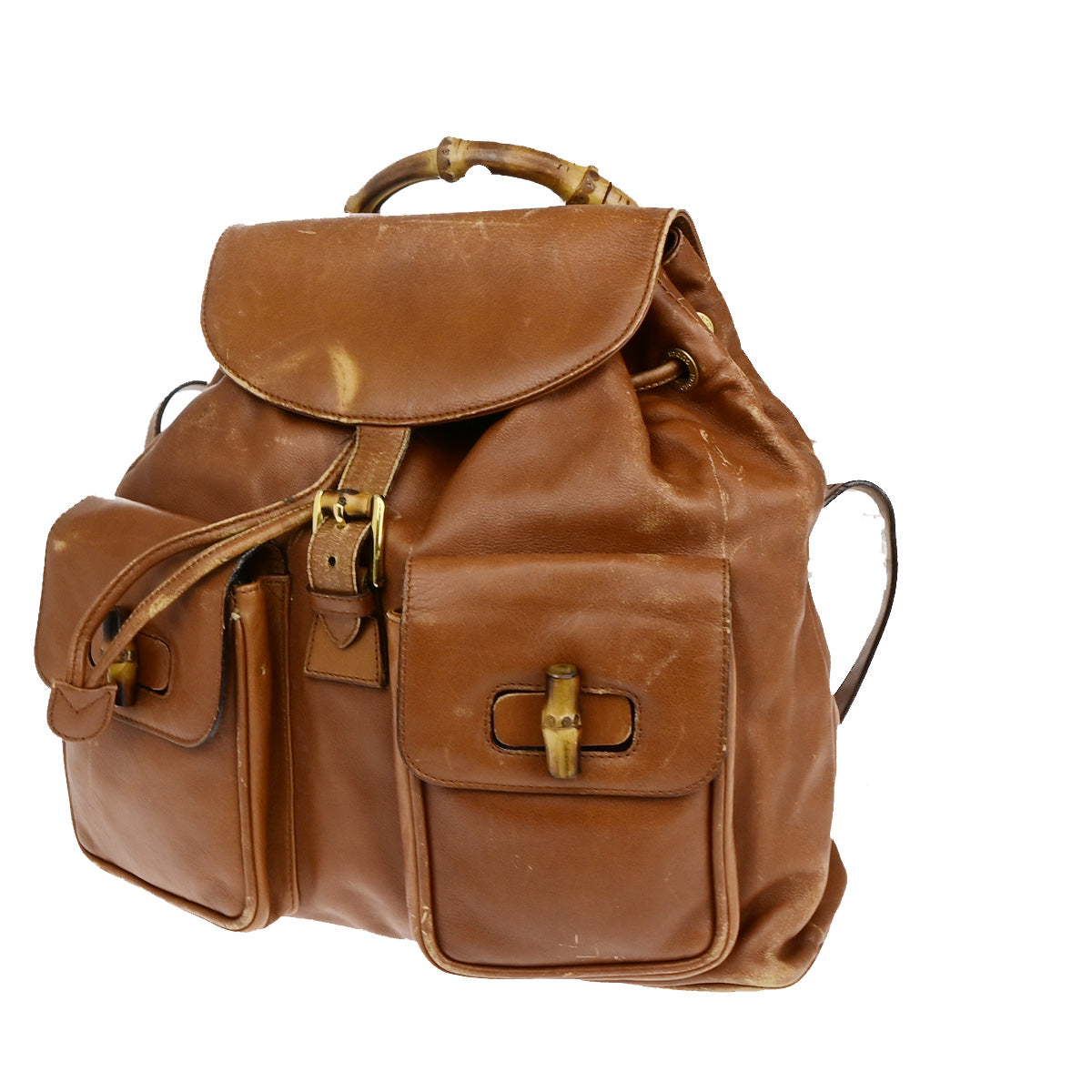 GUCCI Logo Bamboo Drawstring Backpack Bag Leather Brown GHW Italy 68YF528