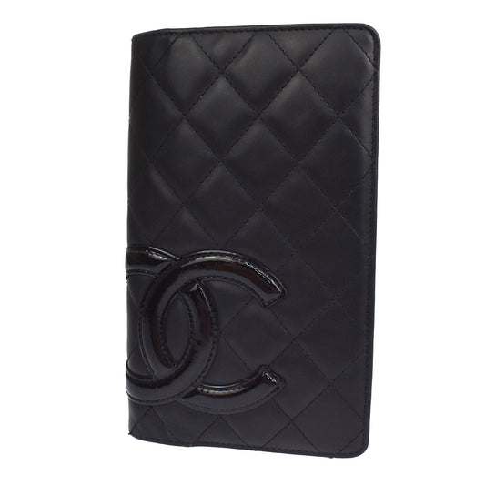 CHANEL CC Logo Cambon Long Bifold Wallet Leather Black Pink Italy 39YC784