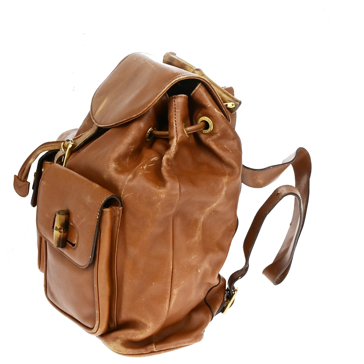 GUCCI Logo Bamboo Drawstring Backpack Bag Leather Brown GHW Italy 68YF528