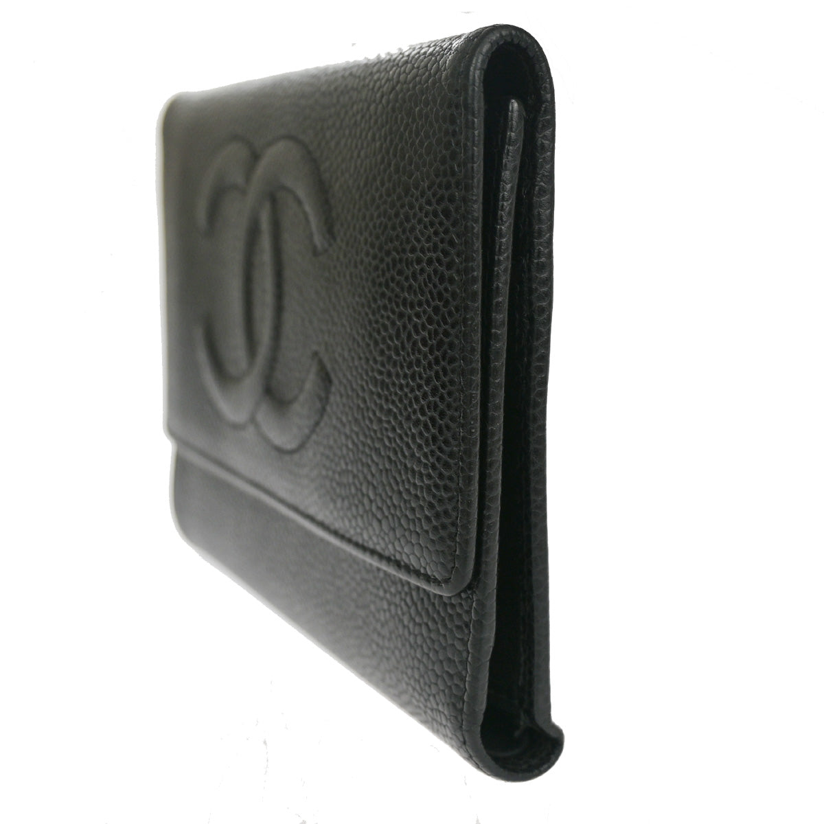 CHANEL CC Logo Trifold Wallet Purse Caviar Skin Leather Black GHW 78RH543