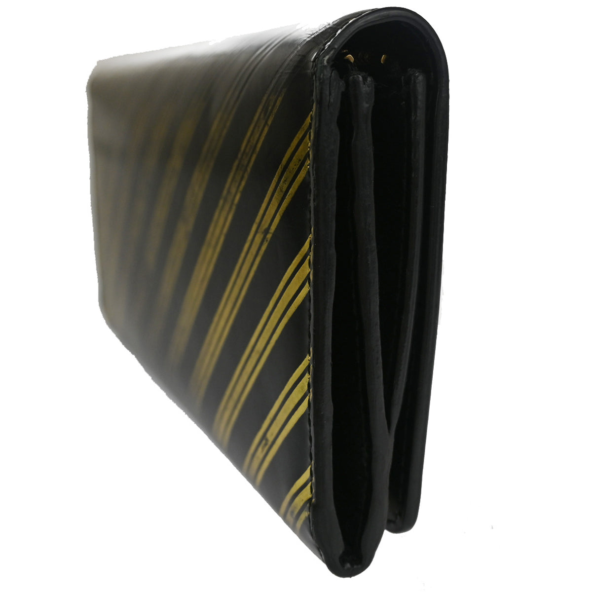 BALENCIAGA Logo Long Bifold Wallet Stripe Leather Black Gold Italy 01YB843