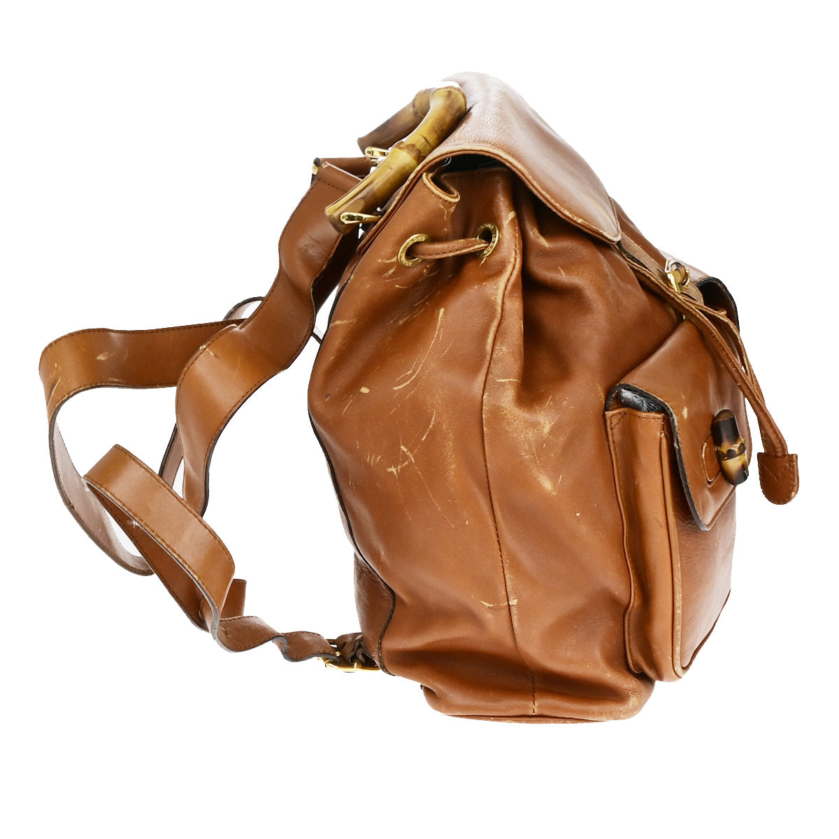 GUCCI Logo Bamboo Drawstring Backpack Bag Leather Brown GHW Italy 68YF528