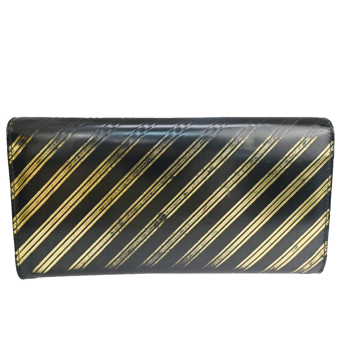 BALENCIAGA Logo Long Bifold Wallet Stripe Leather Black Gold Italy 01YB843
