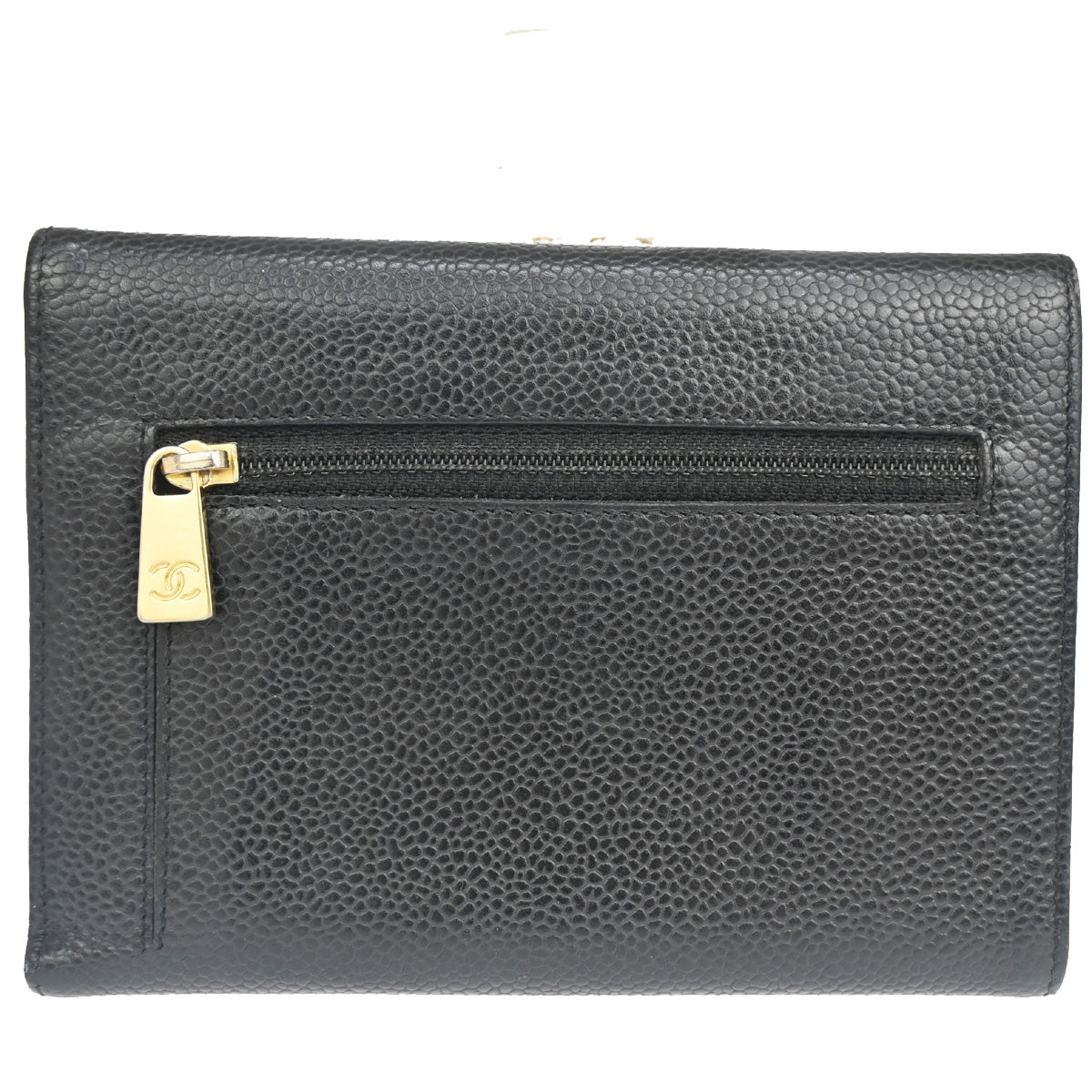 CHANEL CC Logo Trifold Wallet Purse Caviar Skin Leather Black GHW 78RH543