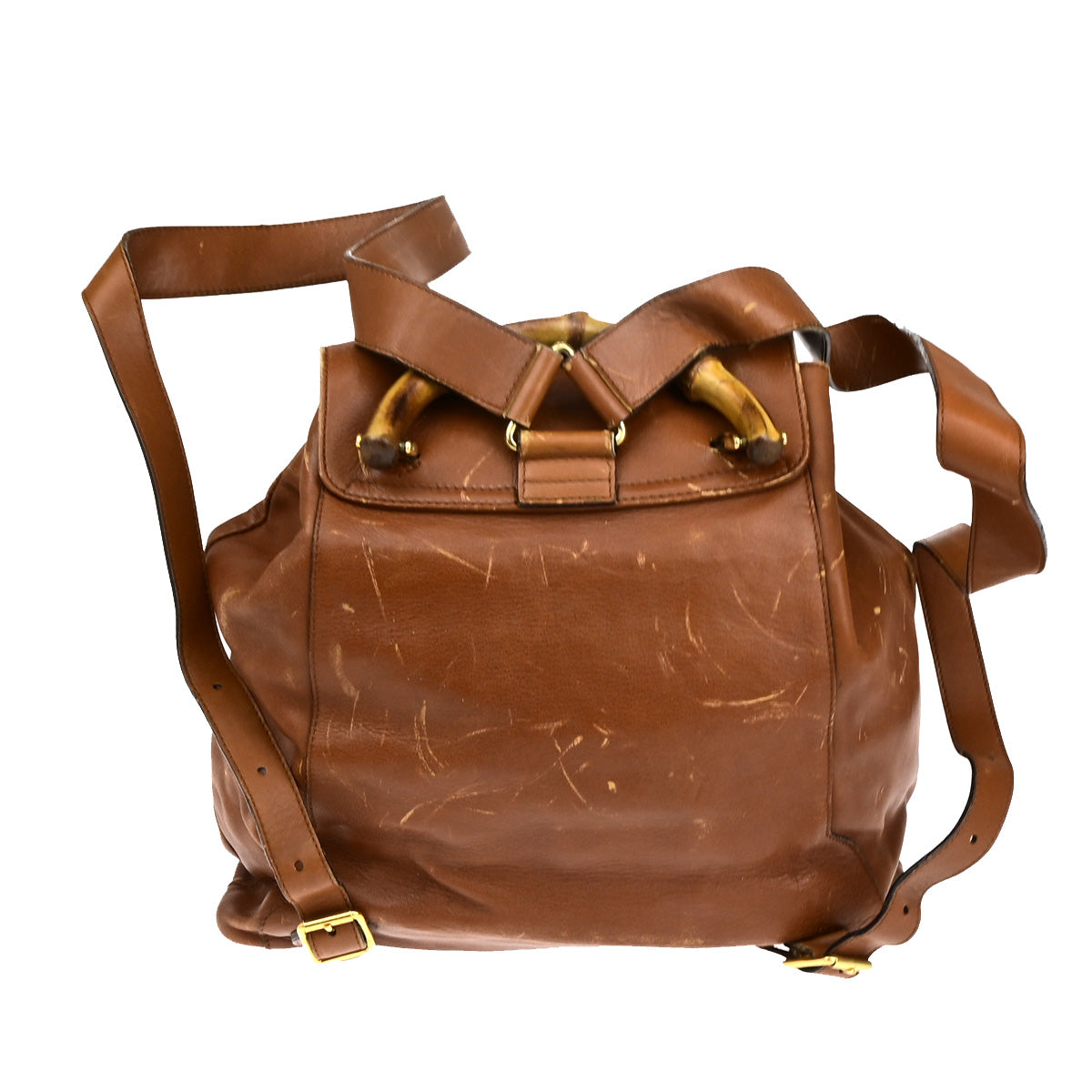 GUCCI Logo Bamboo Drawstring Backpack Bag Leather Brown GHW Italy 68YF528