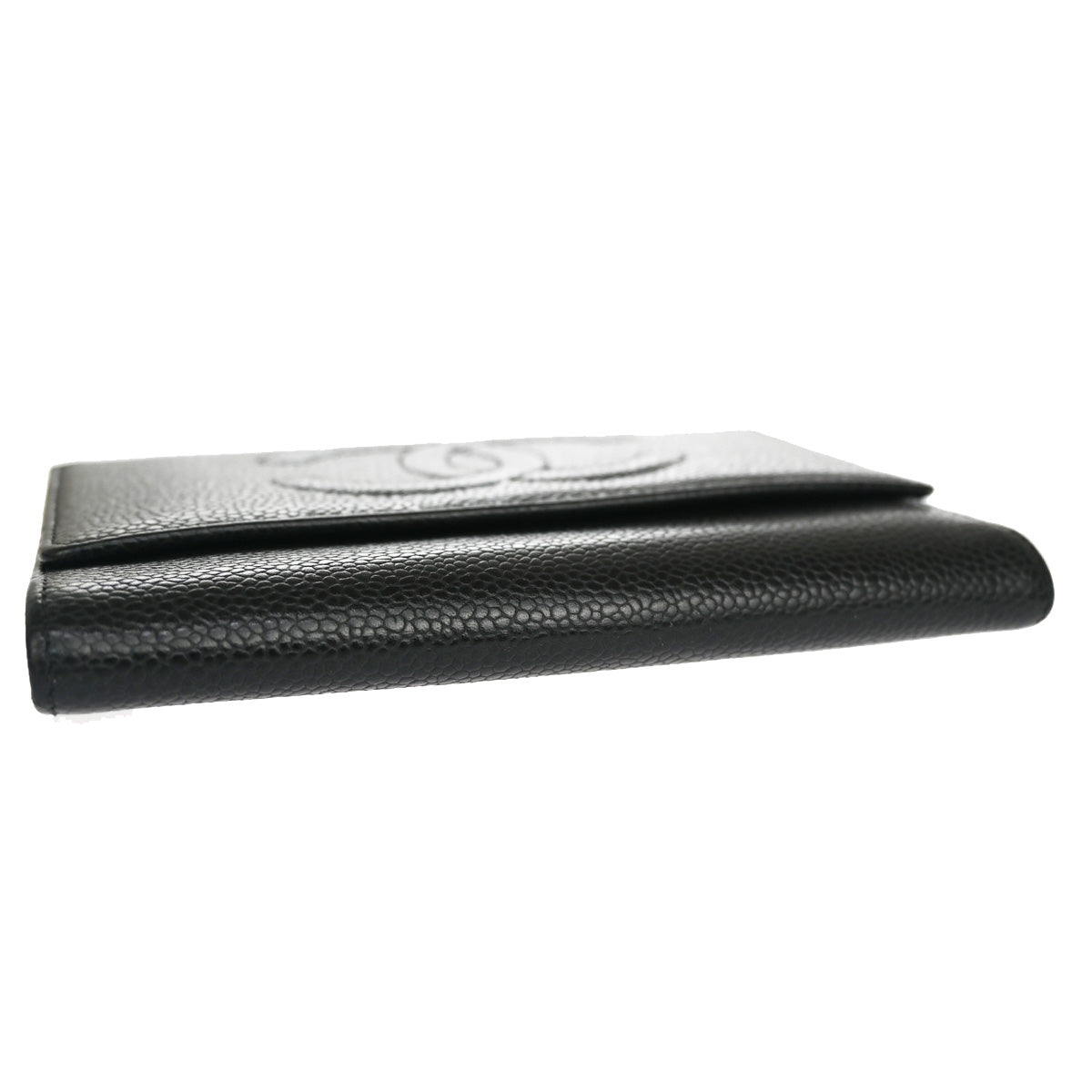 CHANEL CC Logo Trifold Wallet Purse Caviar Skin Leather Black GHW 78RH543