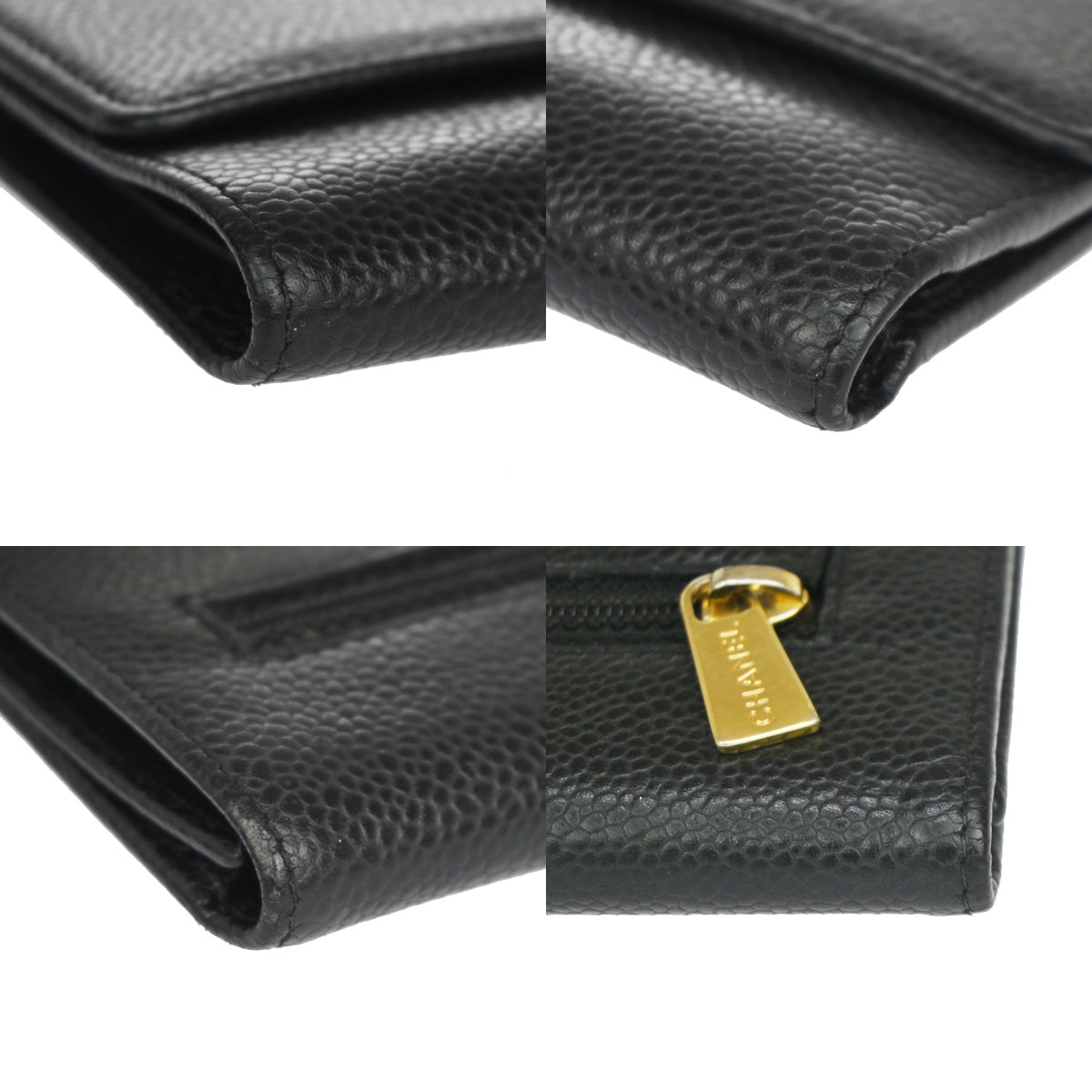 CHANEL CC Logo Trifold Wallet Purse Caviar Skin Leather Black GHW 78RH543