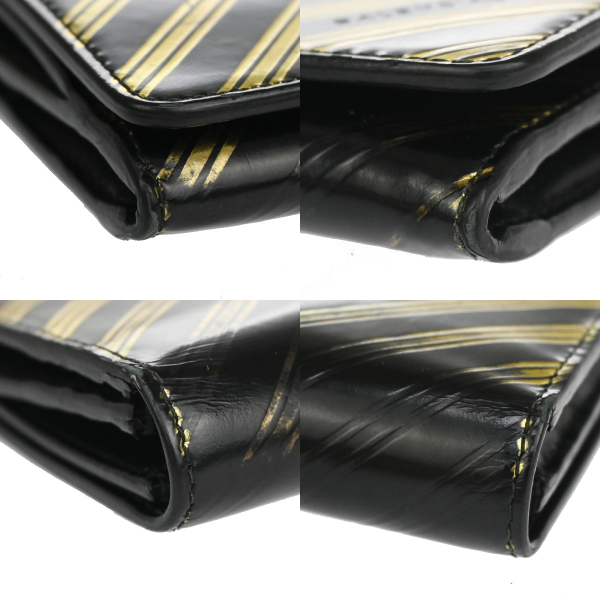 BALENCIAGA Logo Long Bifold Wallet Stripe Leather Black Gold Italy 01YB843