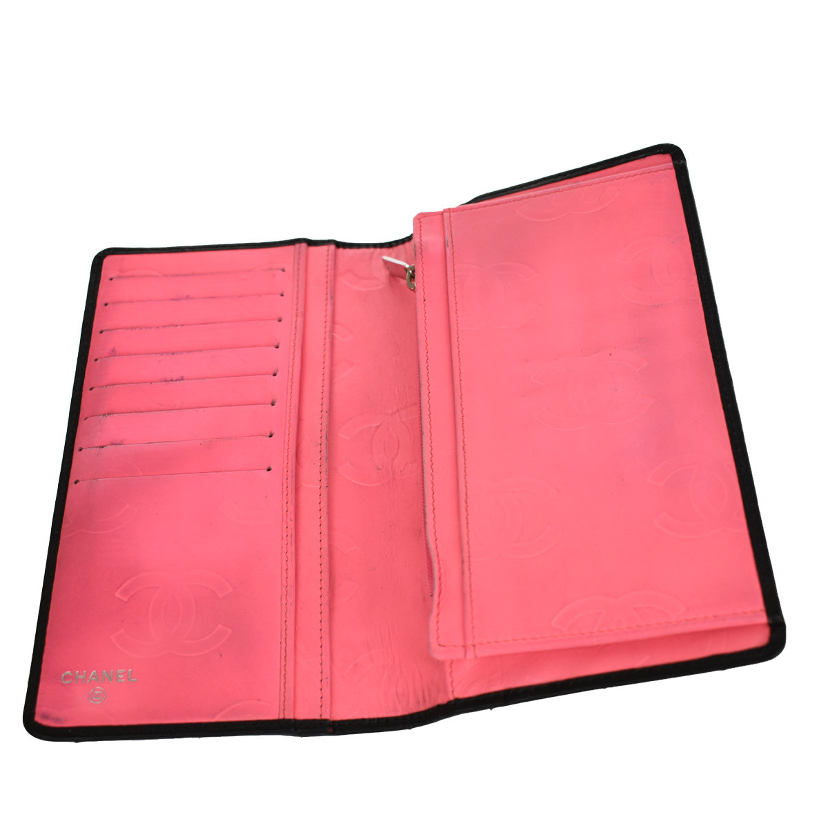 CHANEL CC Logo Cambon Long Bifold Wallet Leather Black Pink Italy 39YC784