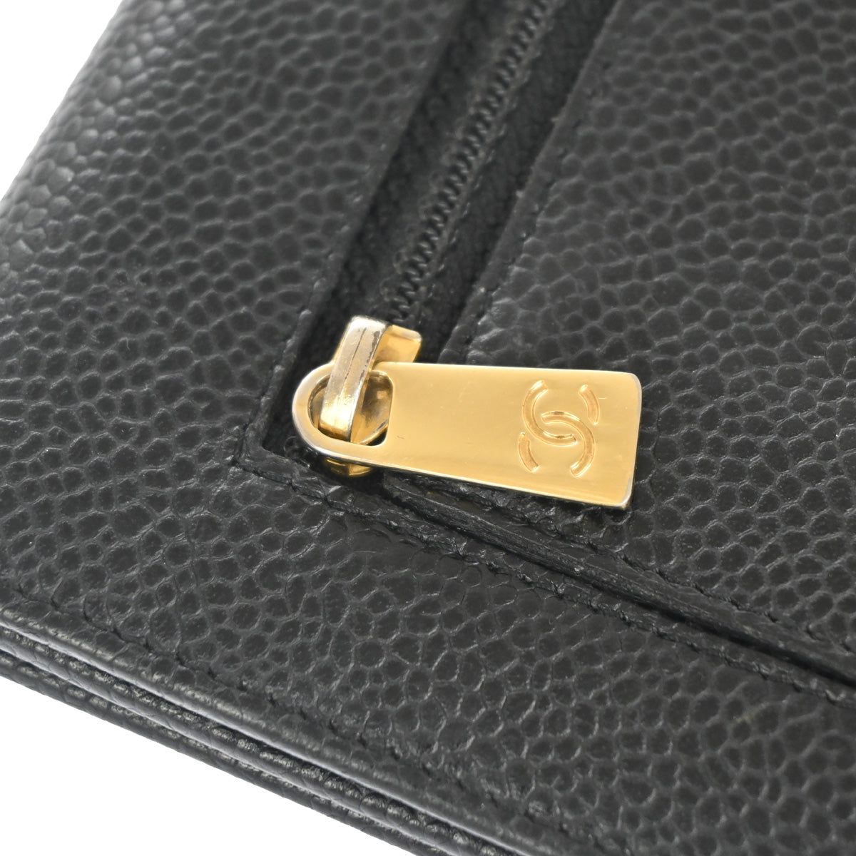 CHANEL CC Logo Trifold Wallet Purse Caviar Skin Leather Black GHW 78RH543