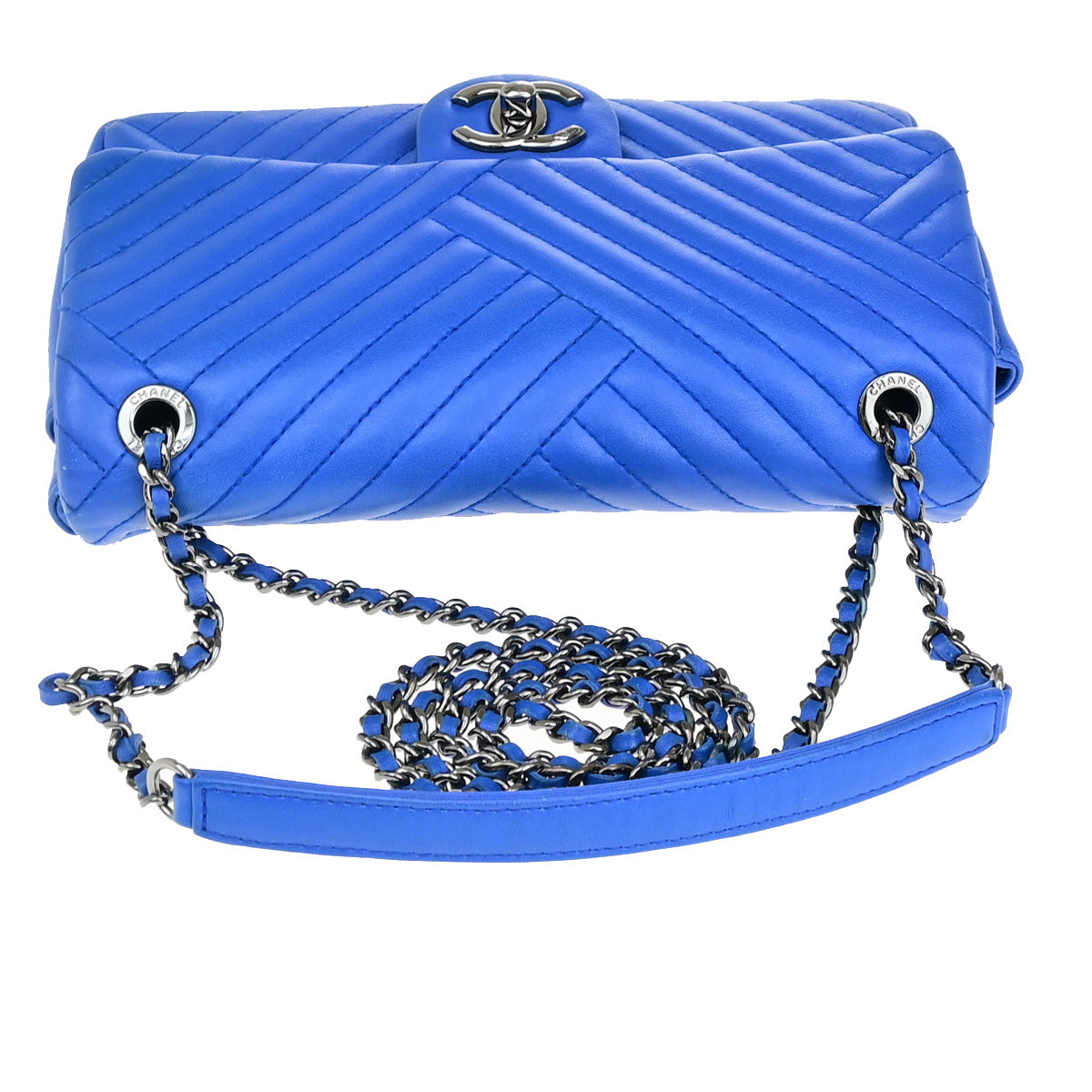 CHANEL CC Chevron Crossing Chain Mini Shoulder Bag Leather Blue SHW 802RK063