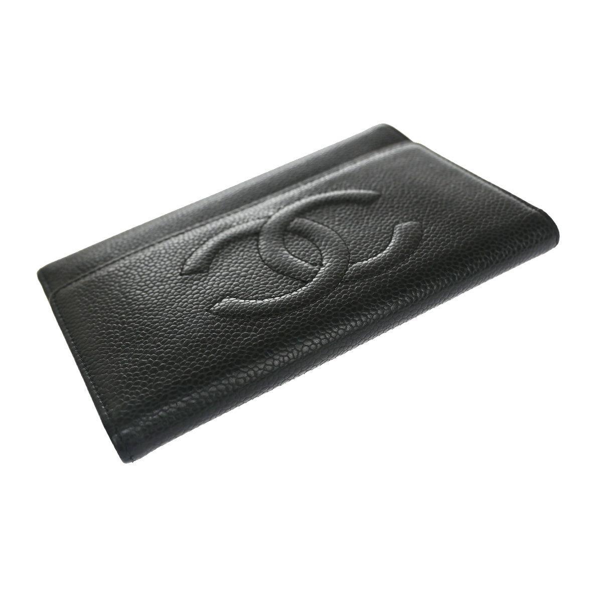 CHANEL CC Logo Trifold Wallet Purse Caviar Skin Leather Black GHW 78RH543