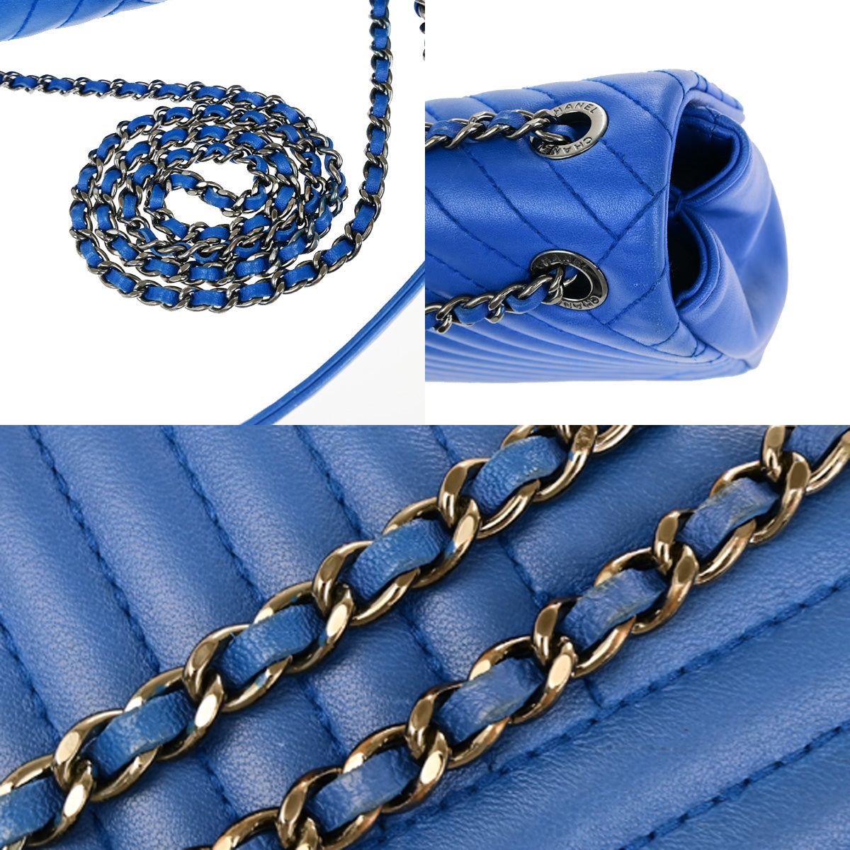 CHANEL CC Chevron Crossing Chain Mini Shoulder Bag Leather Blue SHW 802RK063