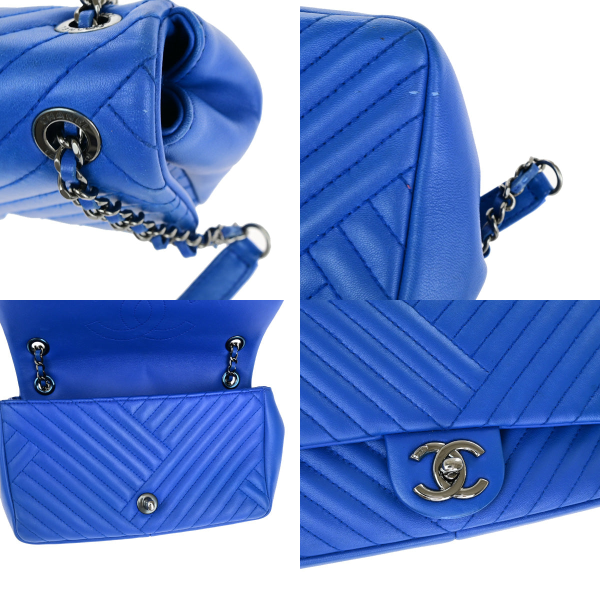 CHANEL CC Chevron Crossing Chain Mini Shoulder Bag Leather Blue SHW 802RK063