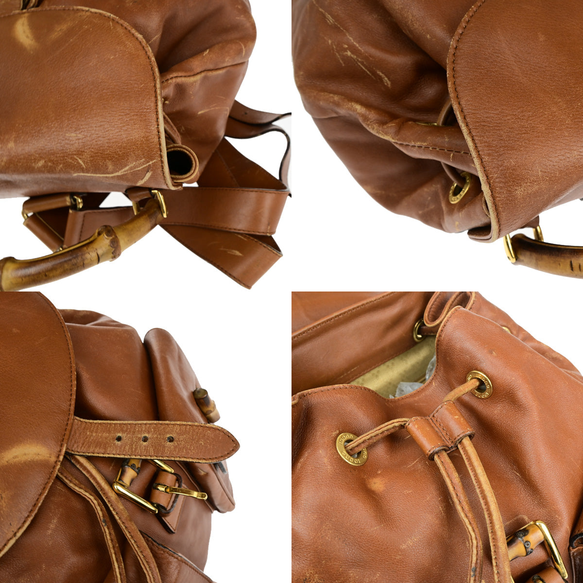 GUCCI Logo Bamboo Drawstring Backpack Bag Leather Brown GHW Italy 68YF528