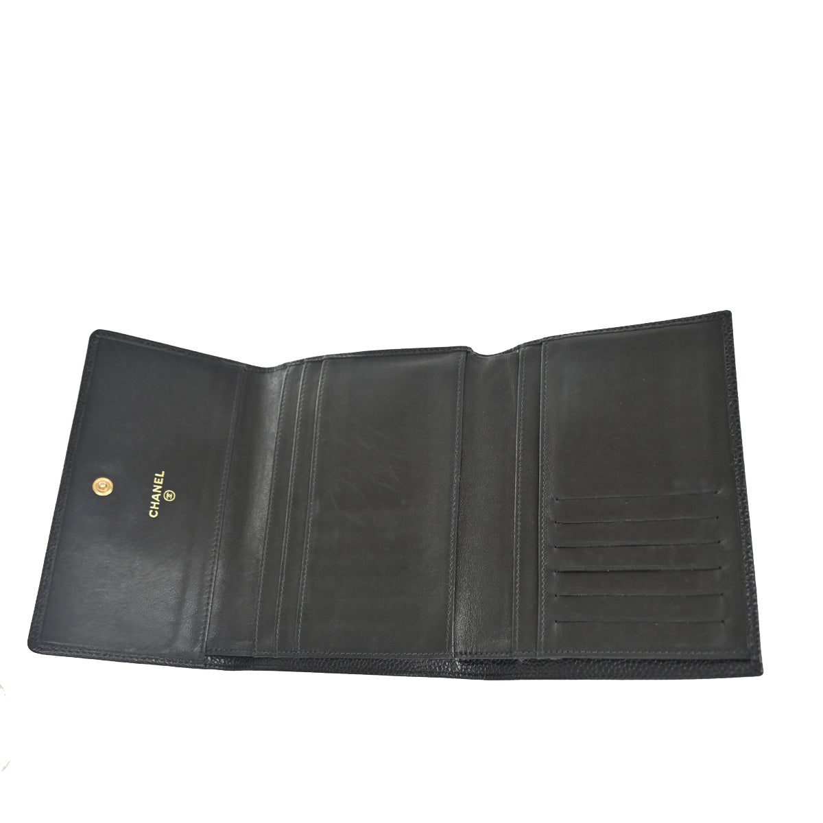 CHANEL CC Logo Trifold Wallet Purse Caviar Skin Leather Black GHW 78RH543
