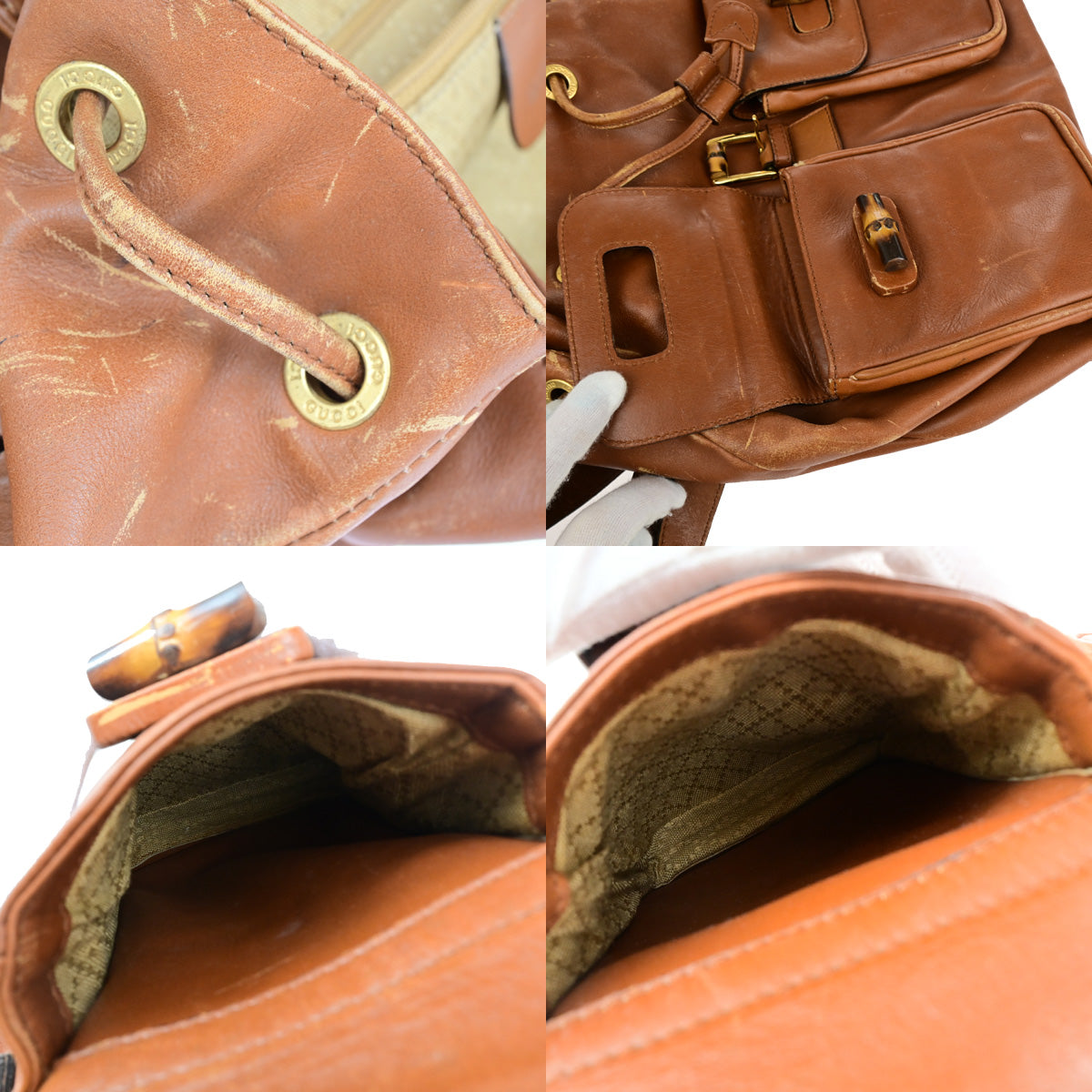 GUCCI Logo Bamboo Drawstring Backpack Bag Leather Brown GHW Italy 68YF528