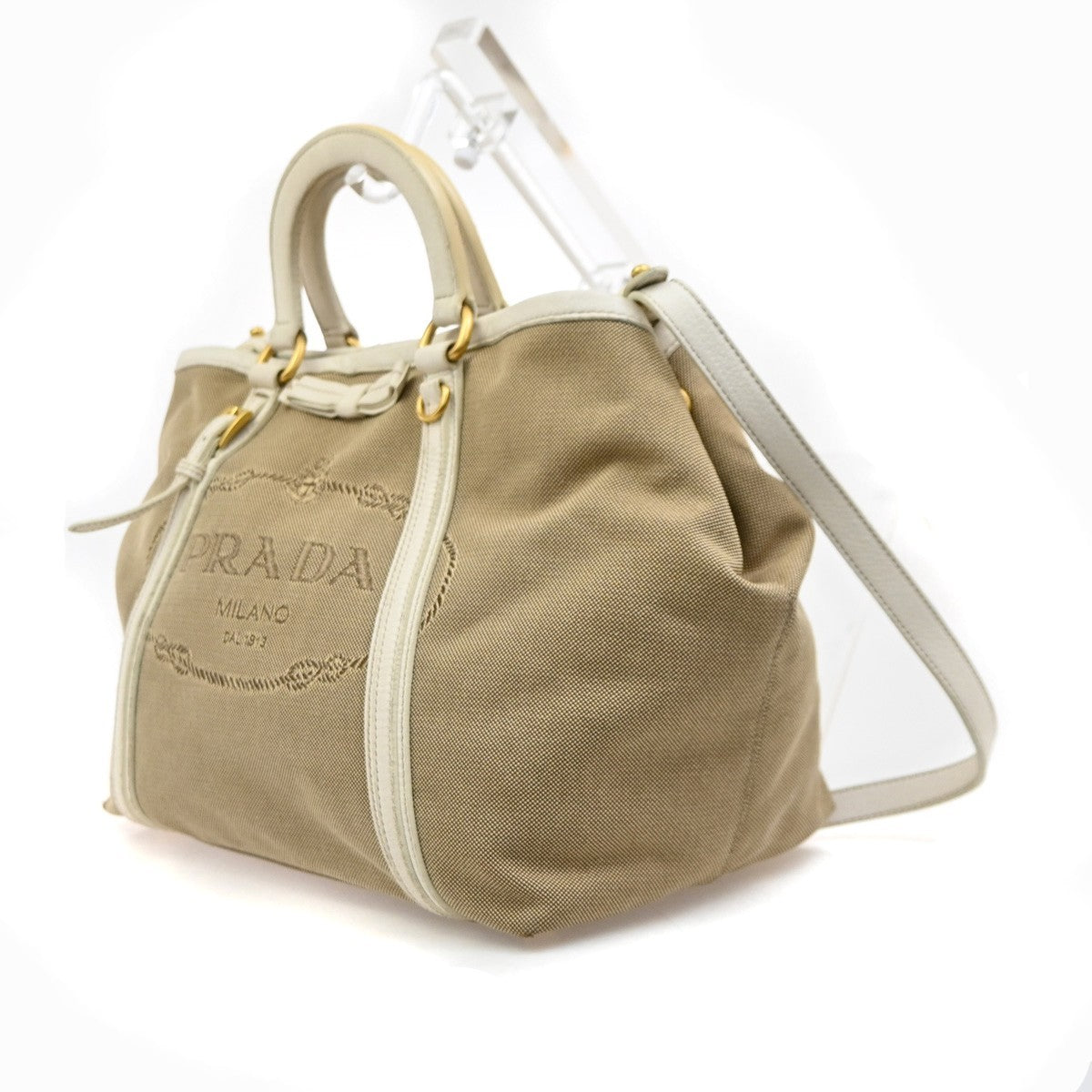 PRADA Jacquard 2way Shoulder Hand Bag Canvas Leather Beige White Italy 65KD221