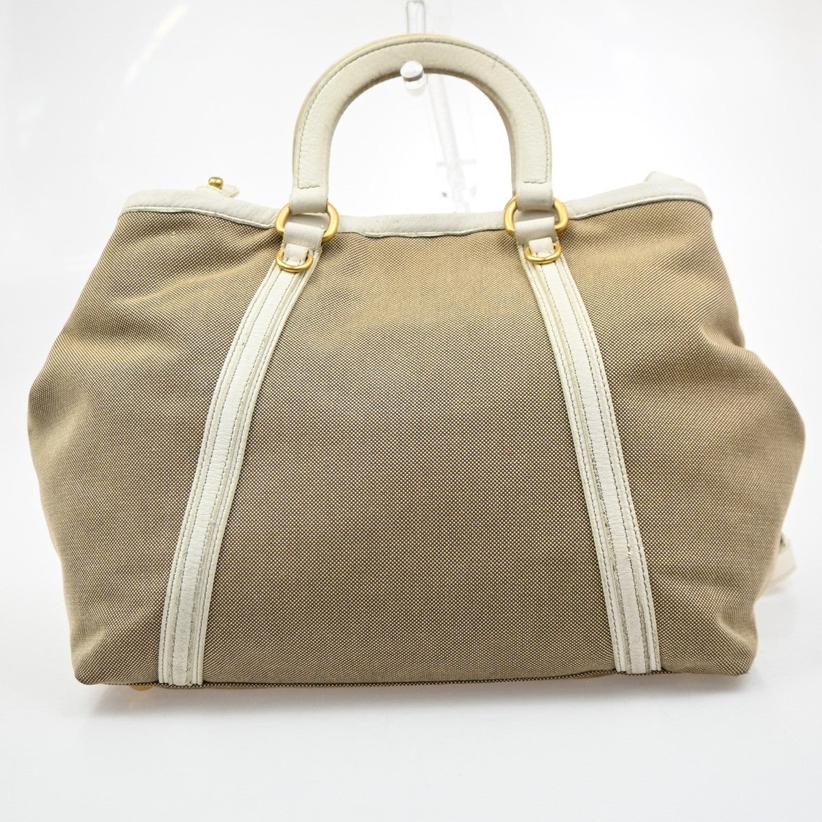 PRADA Jacquard 2way Shoulder Hand Bag Canvas Leather Beige White Italy 65KD221
