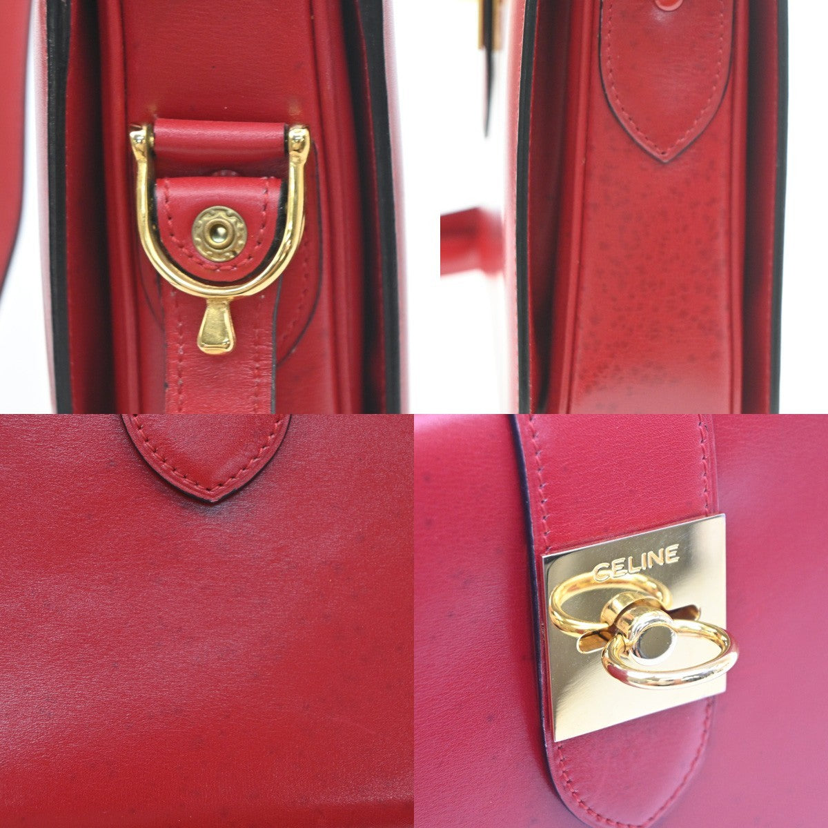 CELINE Logo Crossbody Shoulder Hand Bag Leather Red GHW France 38YJ284