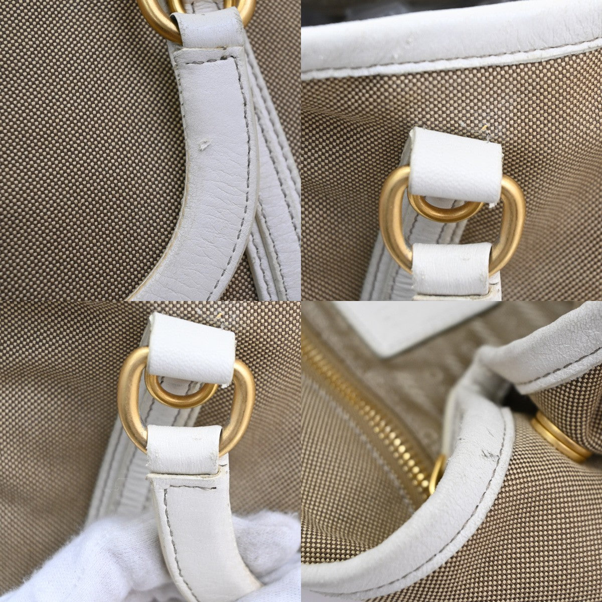 PRADA Jacquard 2way Shoulder Hand Bag Canvas Leather Beige White Italy 65KD221