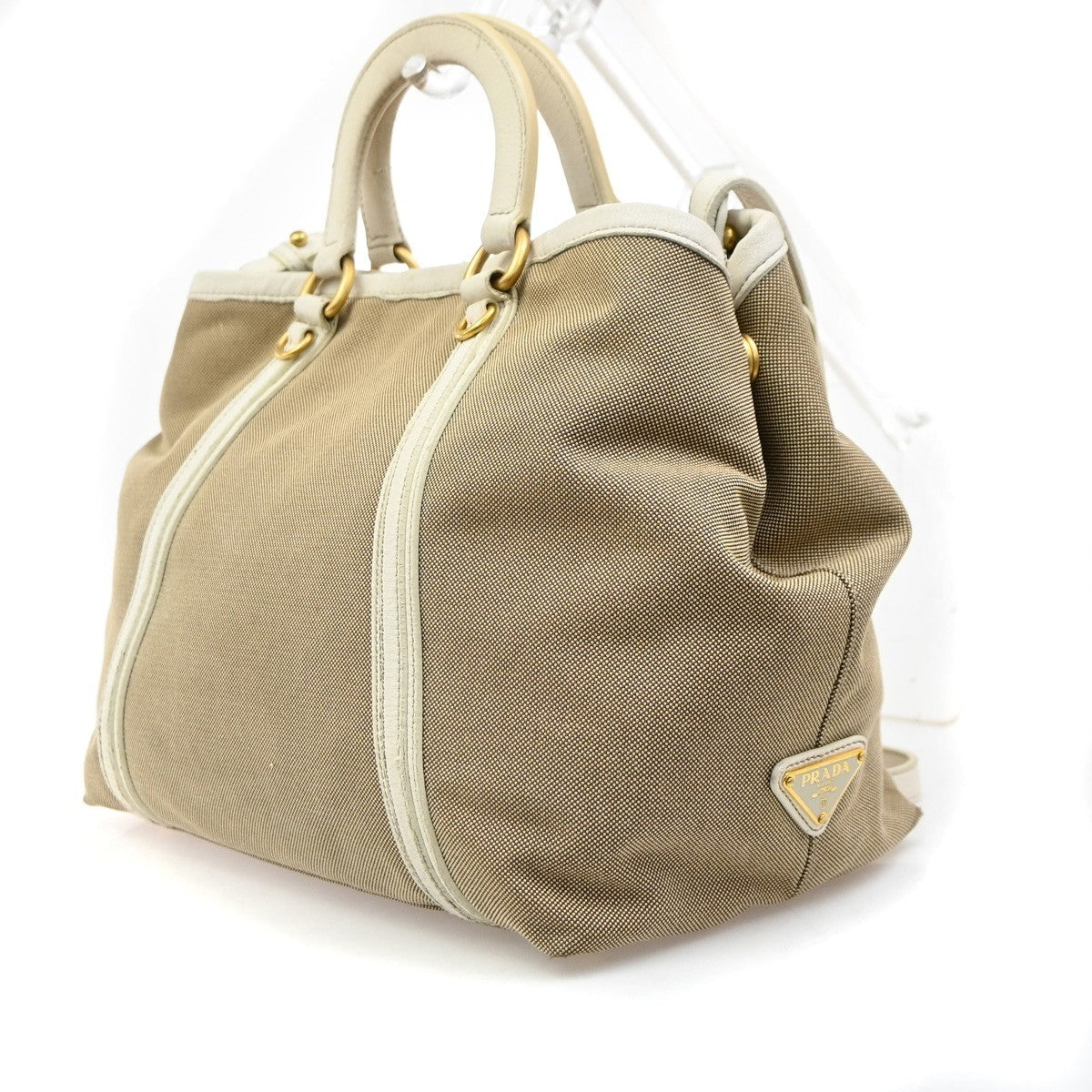 PRADA Jacquard 2way Shoulder Hand Bag Canvas Leather Beige White Italy 65KD221
