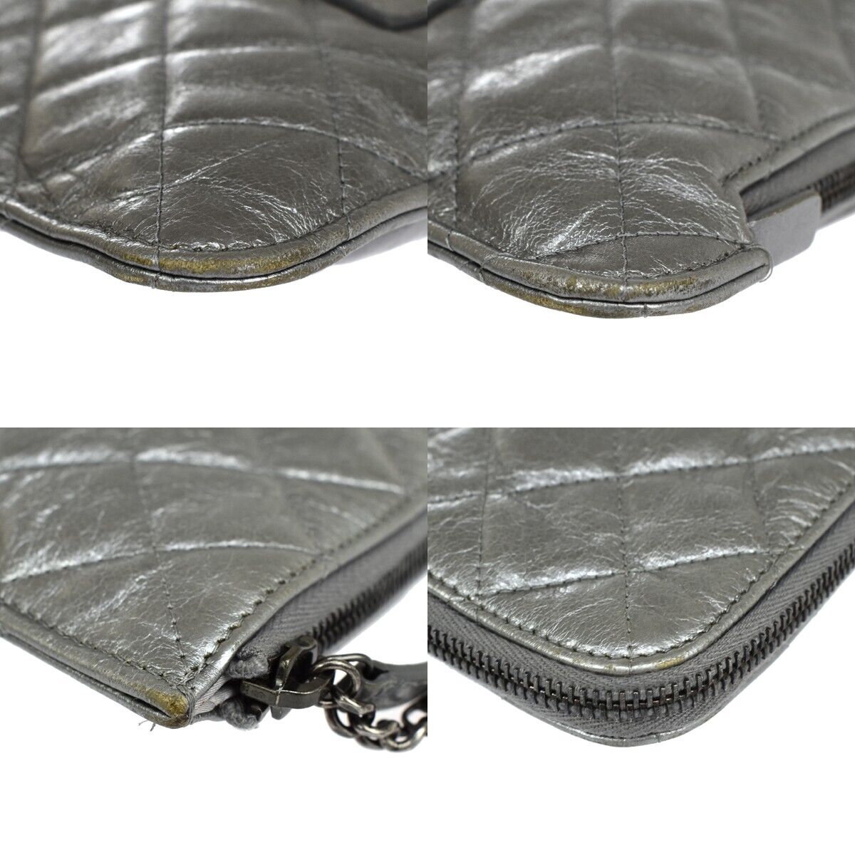 CHANEL Logo Matelasse Clutch Hand Bag Leather Silver Italy 89GA417