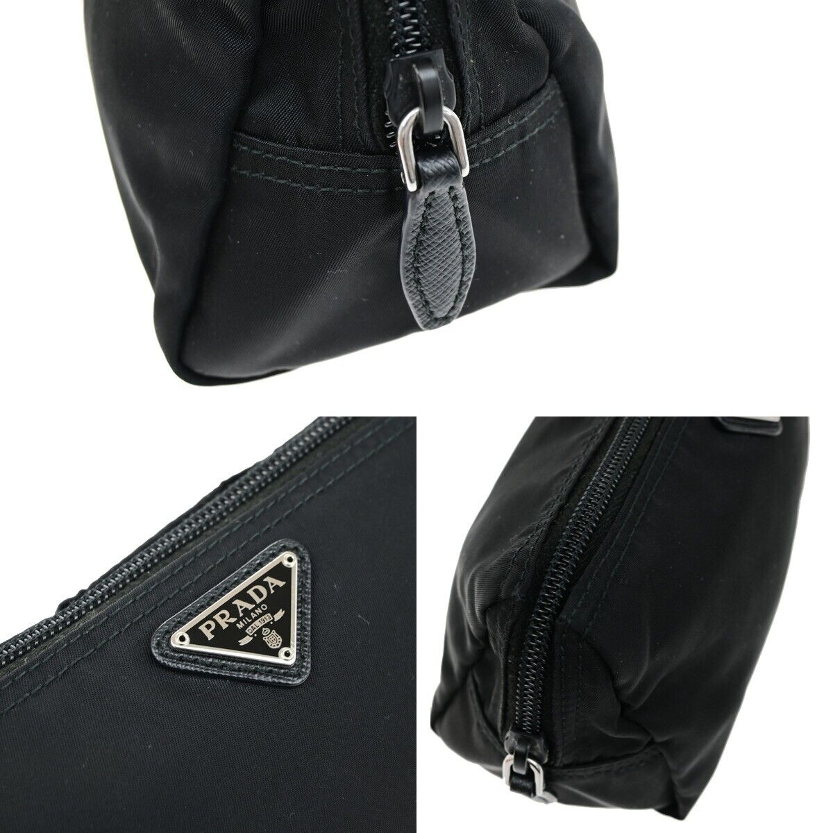 PRADA Logo Tessuto Cosmetic Pouch Nylon Leather Black Silver 32YH094