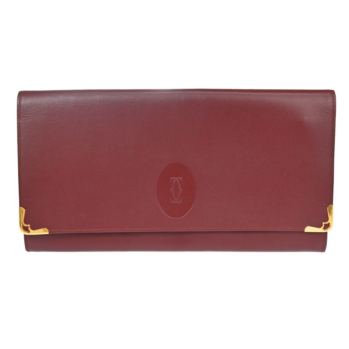 MUST DE CARTIER 2C Logo Wallet Clutch Hand Bag Leather Bordeaux Gold 07EA095