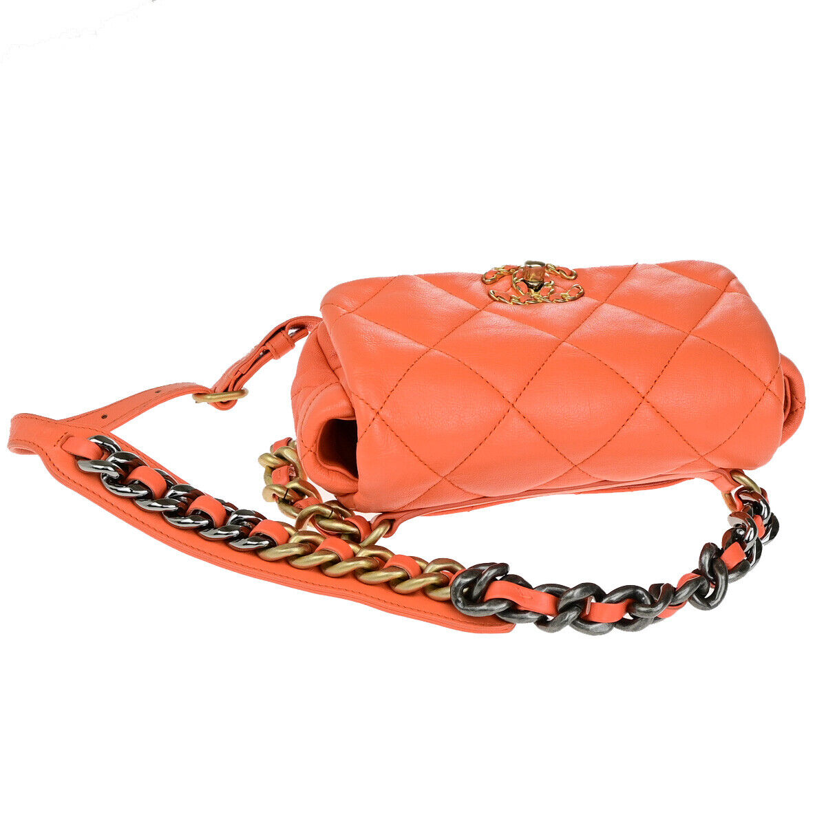 CHANEL 19 CC Logo Quilted Chain Waist Bum Body Bag Leather Orange GHW 813RK713