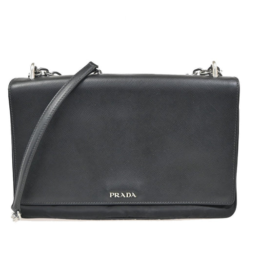 PRADA Saffiano Diagonal Chain Shoulder Bag Nylon Leather Black SHW 10ZA204