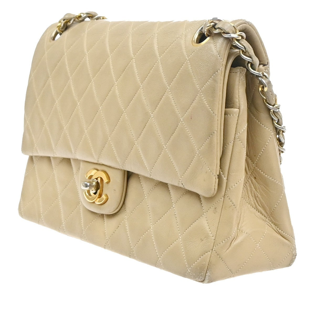 CHANEL CC Matelasse 25 Double Flap Cahin Shoulder Bag Leather Beige GHW 397RL943