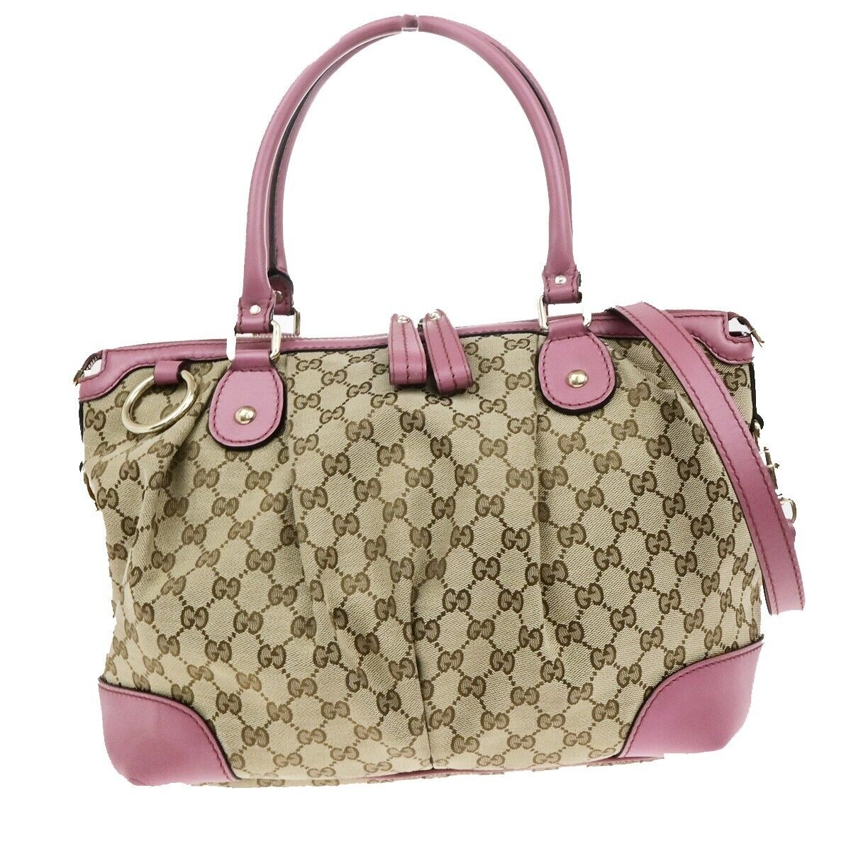 GUCCI Logo GG Pattern Shoulder Bag Canvas Leather Pink Brown GHW 32ED950