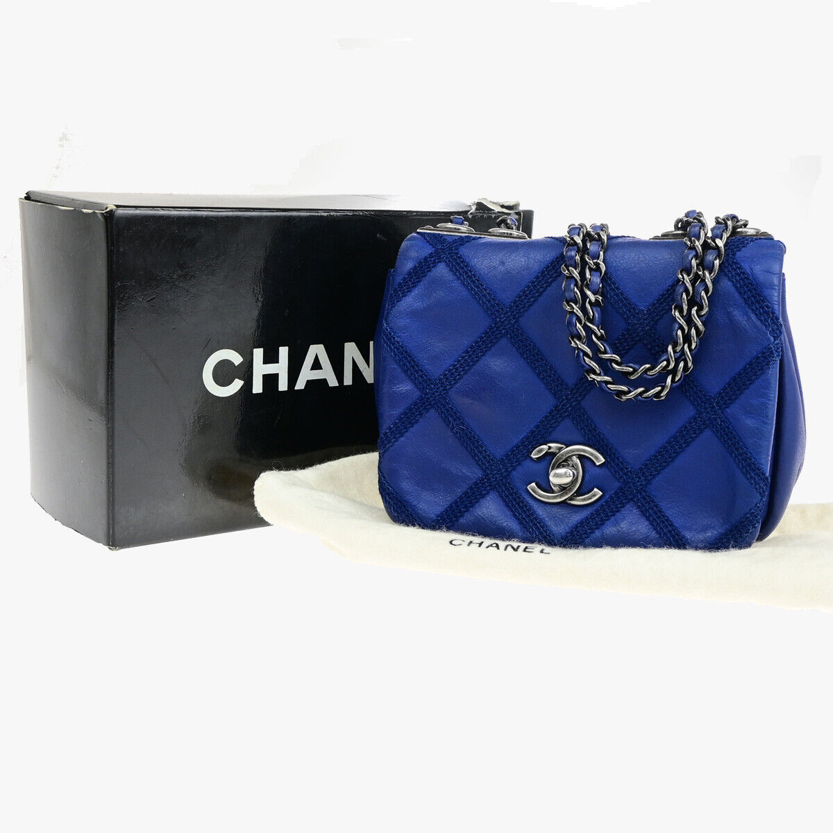 CHANEL CC Logo Mini Matelasse Chain Shoulder Bag Leather Blue SHW Italy 397RK203