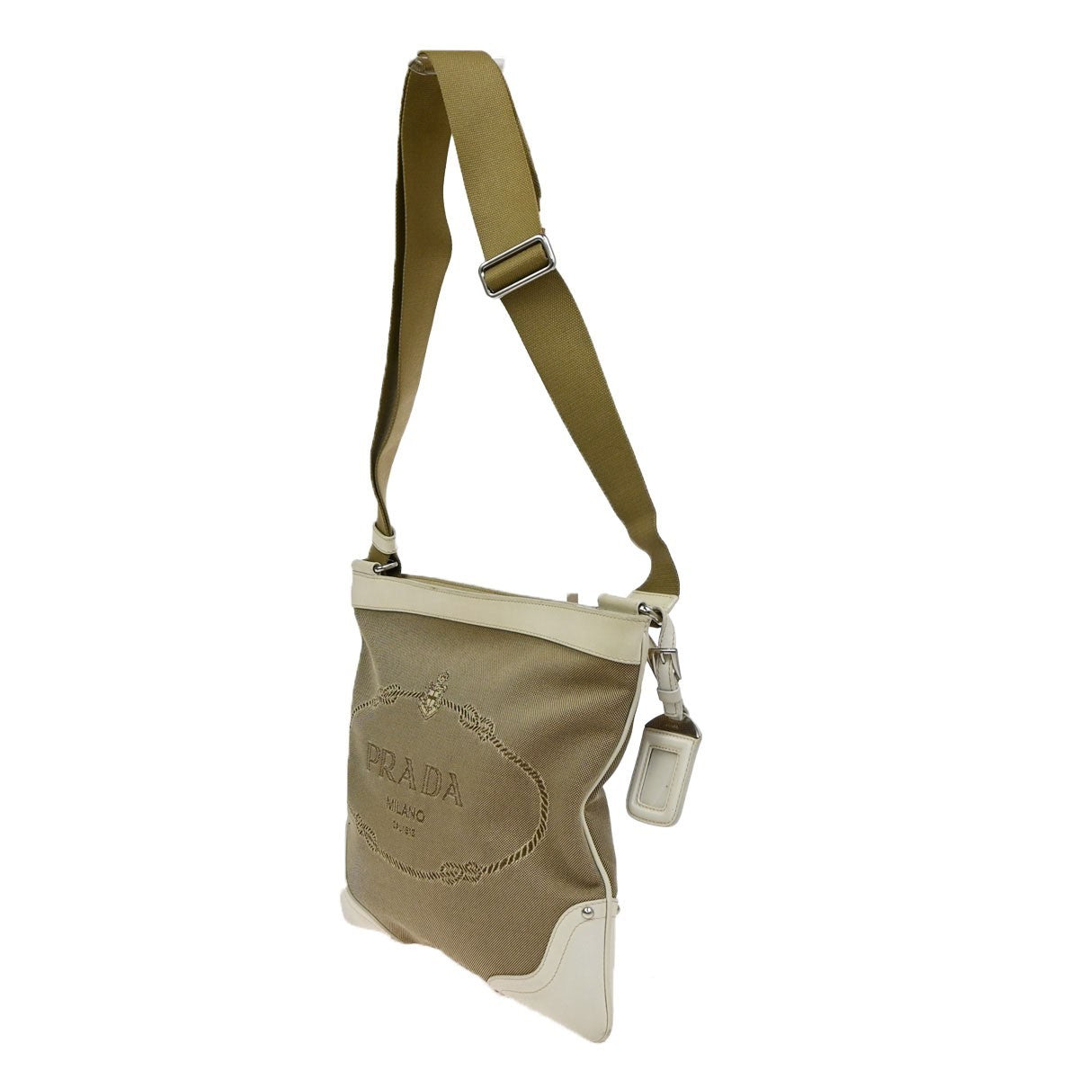 PRADA MILANO Logo Jacquard Shoulder Bag  Leather Canvas Beige White 85CA963