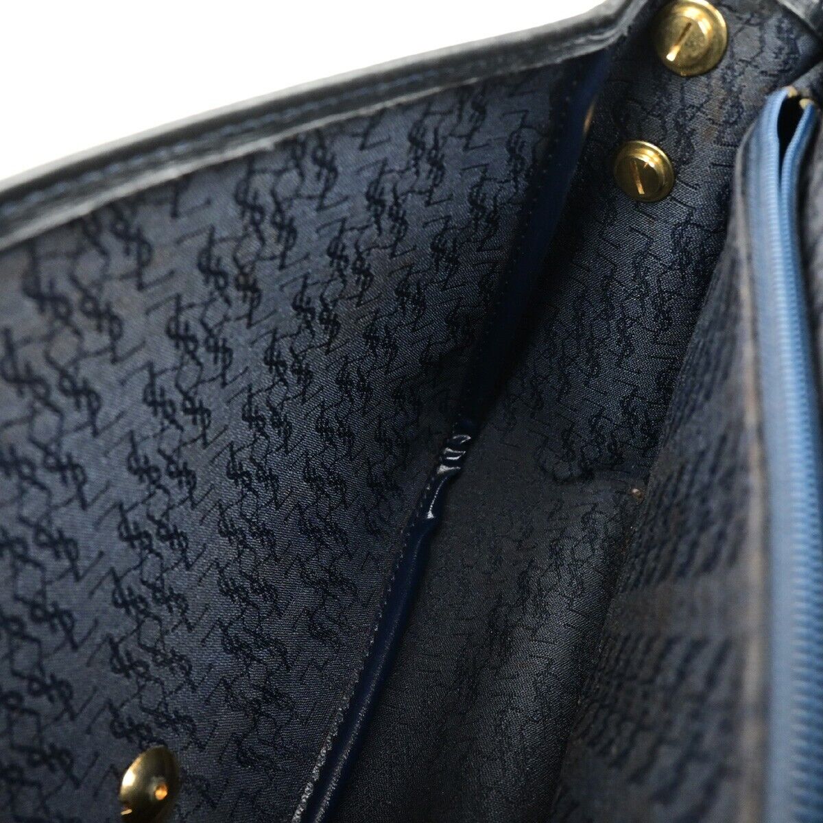YVES SAINT LAURENT YSL Shoulder Bag Leather PVC Black Navy Blue Gold 66ED547