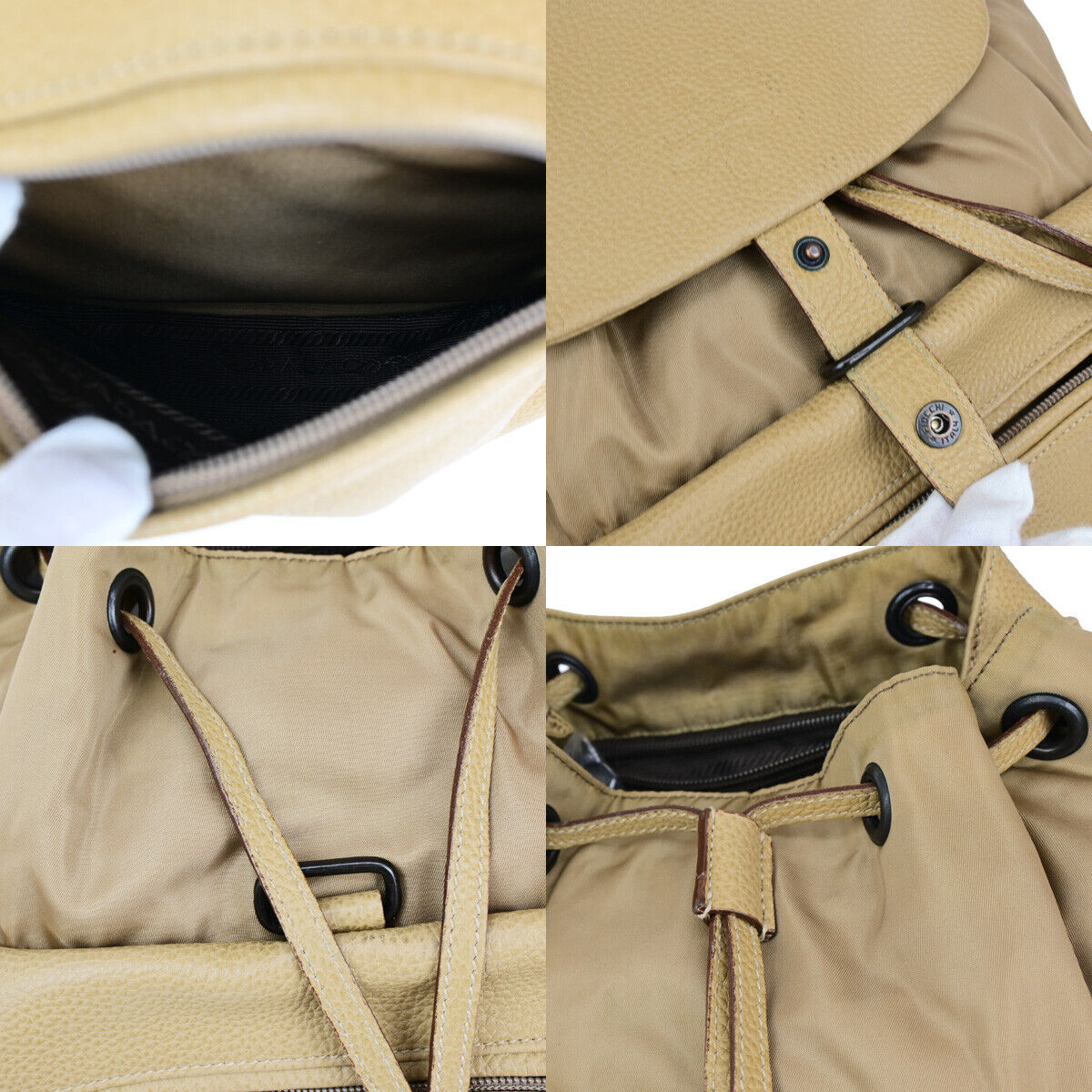 PRADA Logo Backpack Bag Drawstring Nylon Leather Beige Italy 38YF112