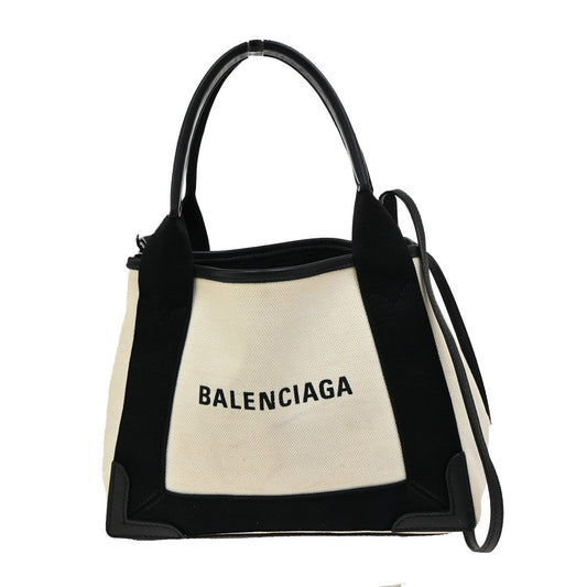BALENCIAGA Navy Cabas XS 2Way Shoulder Hand Bag Canvas Leather White 39FC026