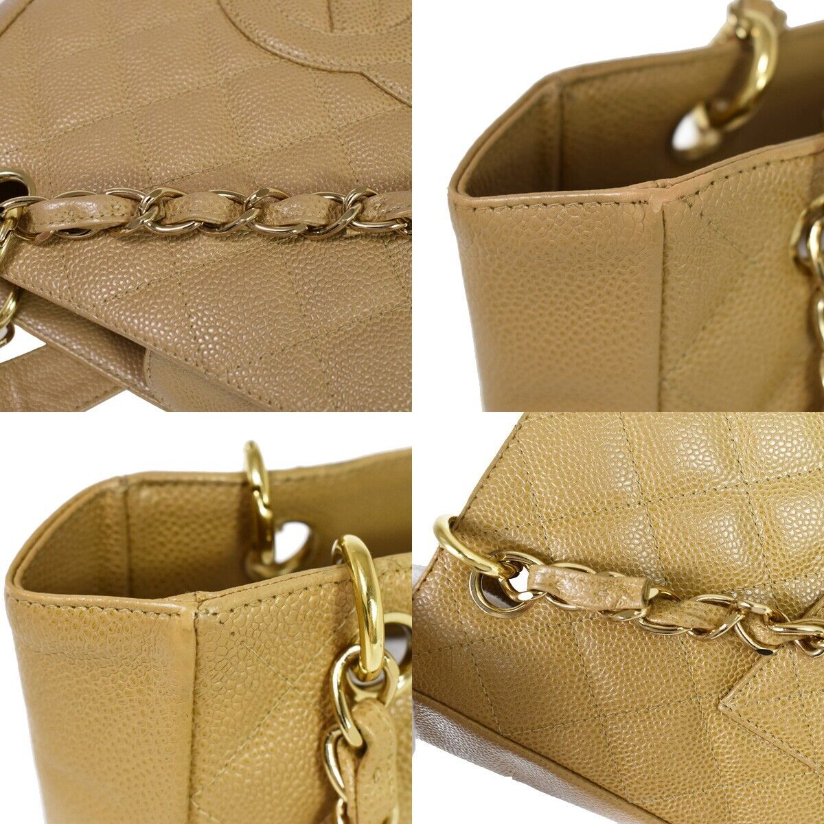 CHANEL CC Matelasse PST Chain Shoulder Bag Caviar Leather Beige GHW 320RH754