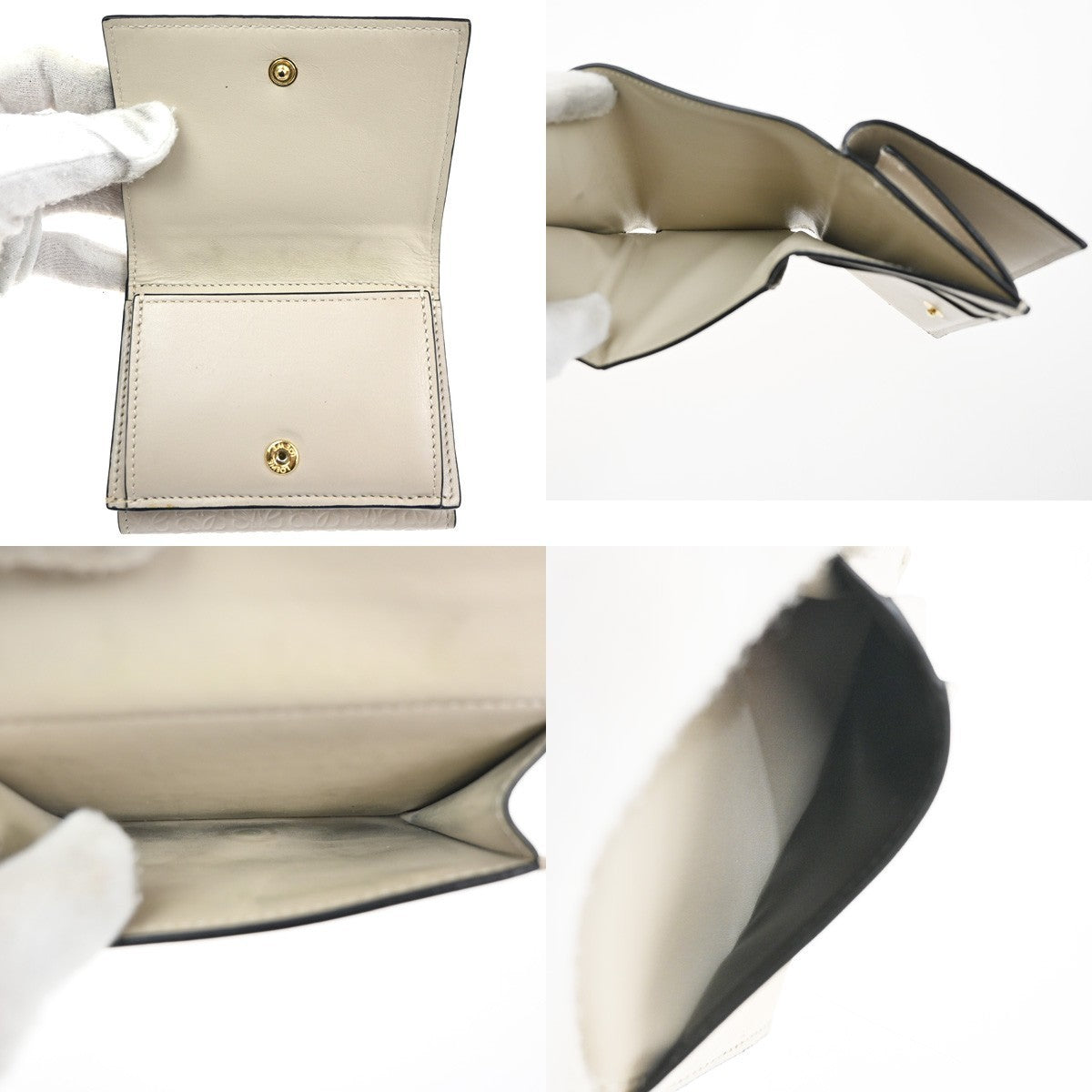 LOEWE Logo Anagram Repeat Trifold Wallet Embossed Leather Beige Spain 69MA294