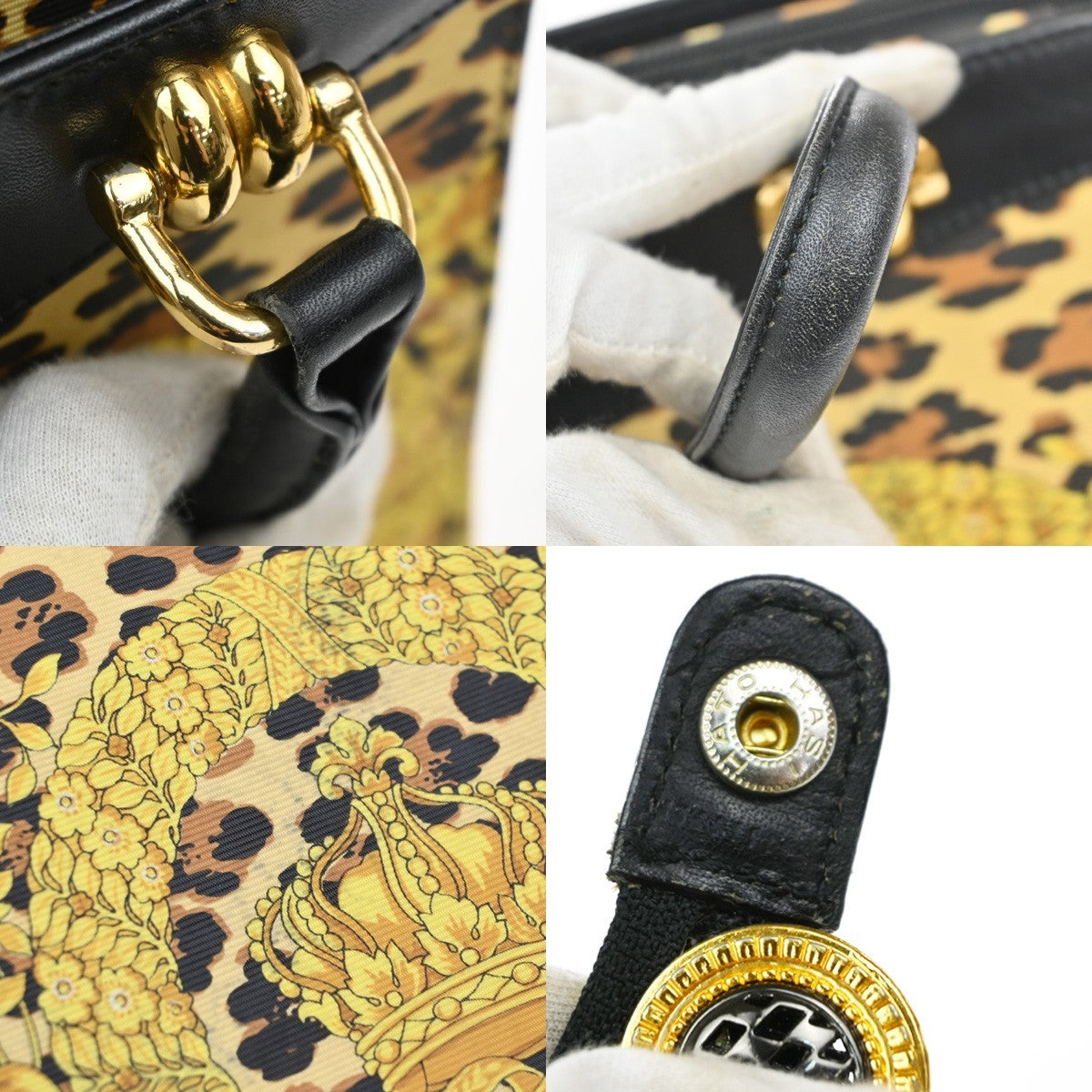 GIANNI VERSACE Logo Hand Bag Canvas Leather Yellow Black Italy GHW 30MA670