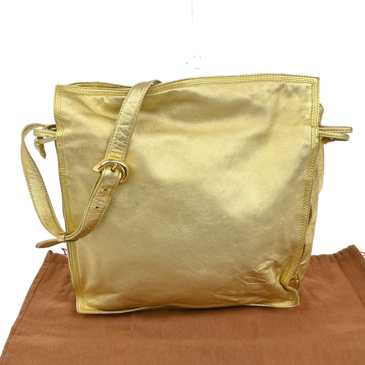 LOEWE LOGO Anagram Drawstring Crossbody Shoulder Bag Leather Gold GHW 38TA510