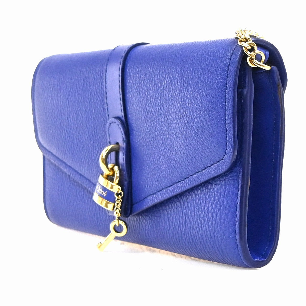 CHLOE Logo Chain Shoulder Bifold Long Wallet Leather Blue GHW Spain 64MA495