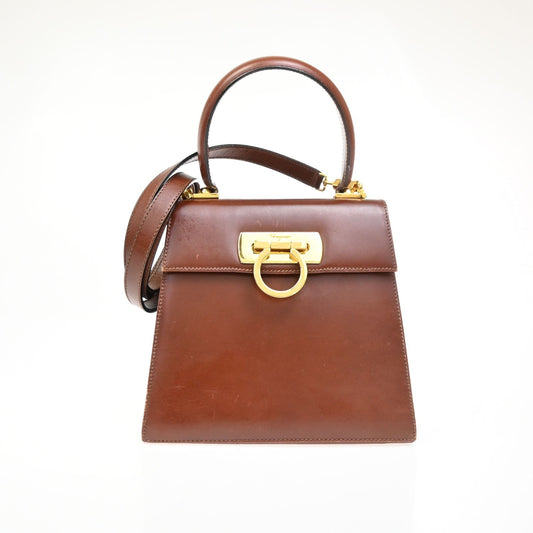 Salvatore Ferragamo Gancini 2Way Shoulder Hand Bag Leather Brown Gold 34CA728