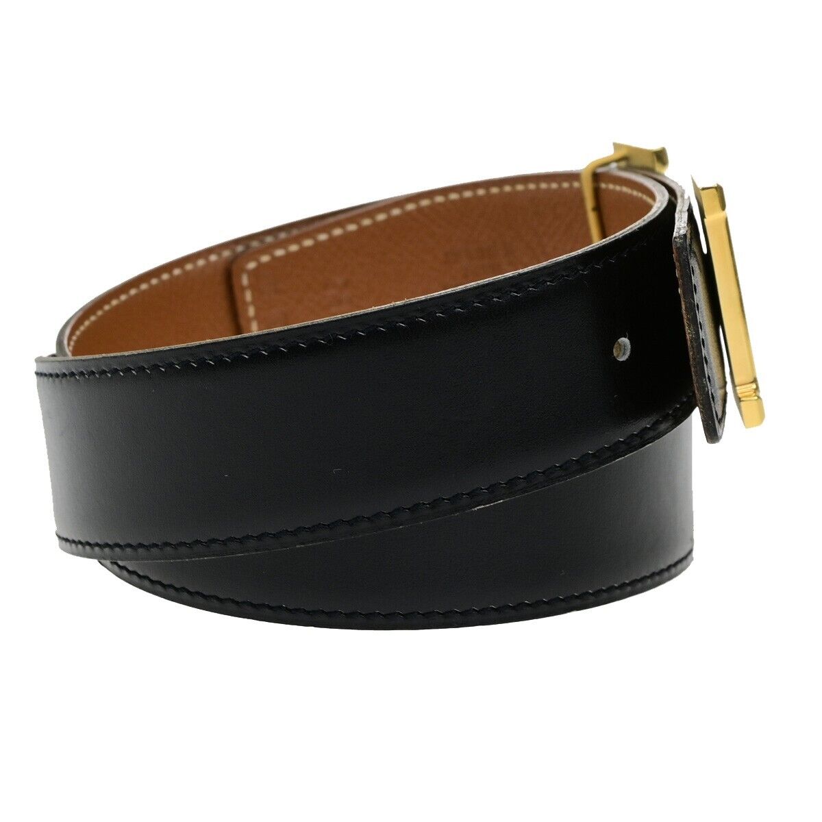 HERMES H Logo Constance Reversible Buckle Belt Leather #65 Black Brown 89YH515