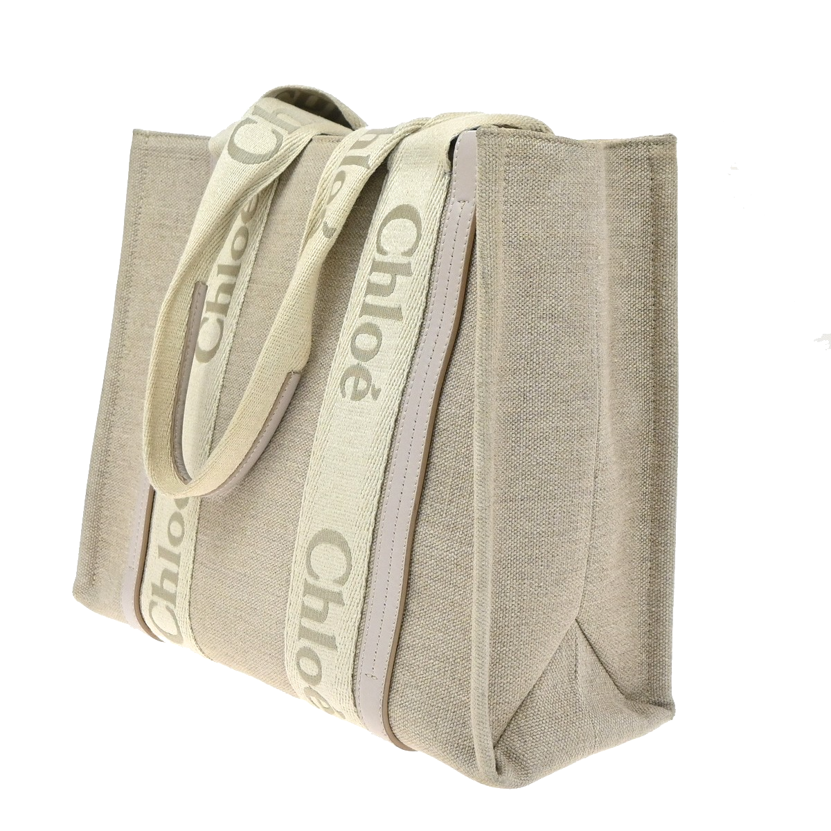 CHLOE Logo Woody Medium Shoulder Tote Bagi Linen Leather Beige Italy 84YJ242