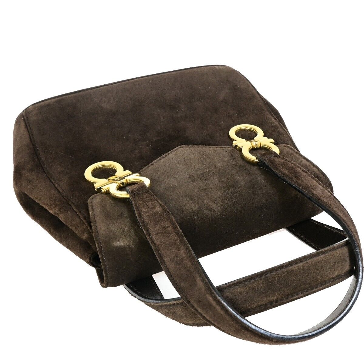 SALVATORE FERRAGAMO Logo Gancini Hand Bag Suede Leather Brown GHW Italy 04FA937