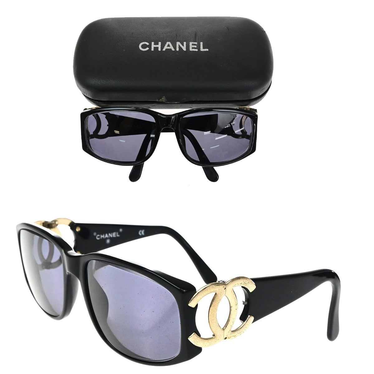 CHANEL CC Logos Sunglasses Eye Wear Plastic Black Gold 02461 63RQ088